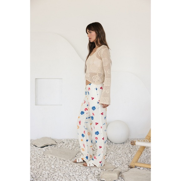 Printed Linen Pull On Pants - White - Picture 3 of 7